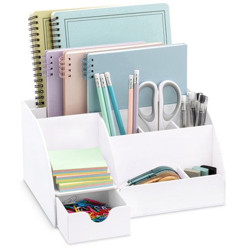 White Desk Organizer, 9 Compartments, Office Supplies and Desk Accessories Organizer, Pen Holder, Office Decor Desktop Organizer (White)