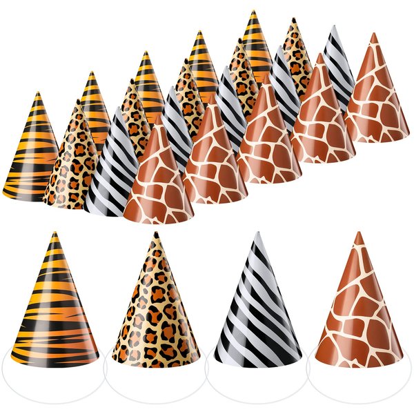 24 Pieces Safari Party Hats Jungle Animal Safari Theme Birthday Party Cone Paper Hats for Kids Wild One Birthday Decorations Zoo Party Supplies Favor