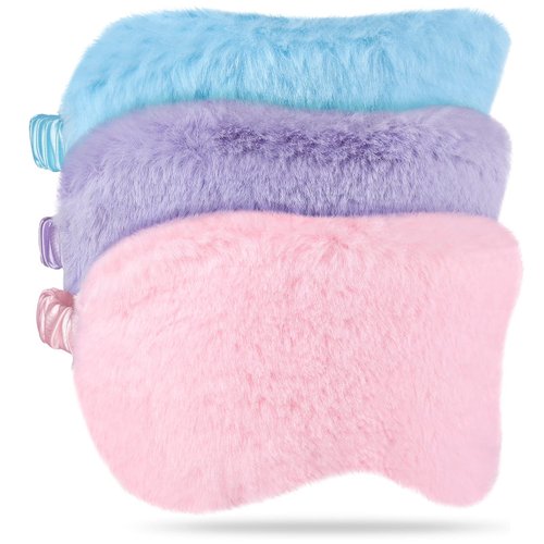 Plush Eye Mask 3 Pcs Sleeping Blindfold Sleeping Mask Sleep Mask Comfortable Plush Sleepover Mask Soft Furry Eye Cover for Sleepover Gift Birthday Party Favors(Pink, Purple, Sky Blue)