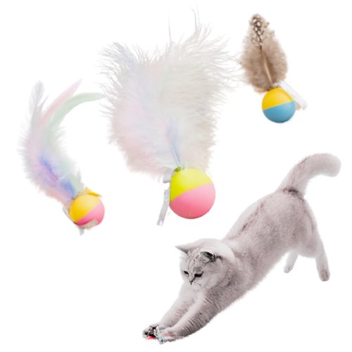 CHICHI PAWS Plumed Cat Ball Toy for Indoor Cats, Assorted Color, Silicone Bouncy Ball Toy Set (3PCS)