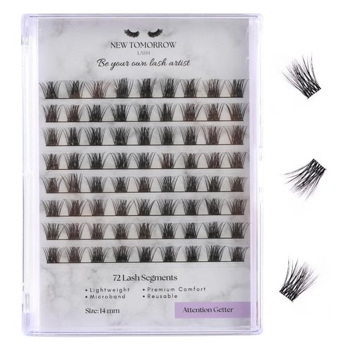 DIY Lash Extension Segment/Clusters with Portable Lash Tray, 72 Reusable Segmented Lashes In 14mm, (Soft, Lightweight And Microband) Individual Lashes Eyelash Extensions, DIY at Home, Beginner Friendly - New Tomorrow Lash (14mm - Attention Getter)