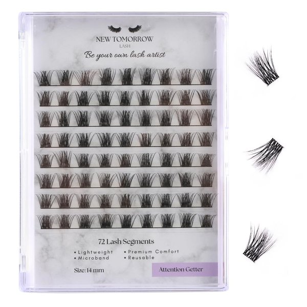 DIY Lash Extension Segment/Clusters with Portable Lash Tray, 72 Reusable Segmented Lashes In 14mm, (Soft, Lightweight And Microband) Individual Lashes Eyelash Extensions, DIY at Home, Beginner Friendly - New Tomorrow Lash (14mm - Attention Getter)