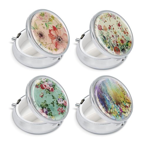 Modixun 4 Pack Elegant Small Pill Box, 3 Compartments Pill Case for Purse Pocket with Mirror, Metal Travel Portable Medicine Tablet Vitamin Holder Organizer Container, Style A