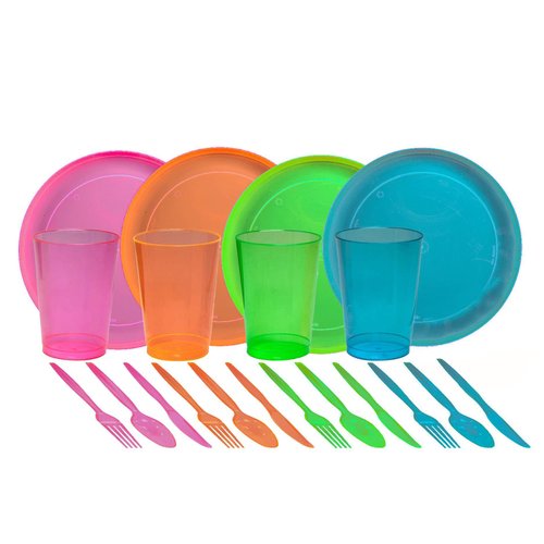 Tiger Chef 80-Piece Neon Assorted Glow Party Supplies Includes Neon Assorted Colors Hard Plastic Plates, Cups and Cutlery in Neon Pink, Blue, Green and Orange (Service for 16)