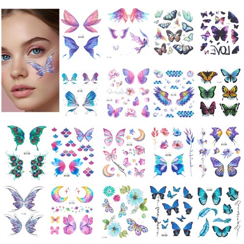 18 Sheets Glitter Butterfly Temporary tattoo stickers, Colorful Waterproof Glitter Freckles Face Tattoo for Face Eye Makeup, Tattoo Fairy Accessories for Girls Party Birthday Rave Accessories Gifts