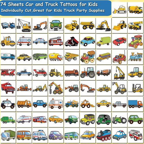 CHARLENT Car and Truck Temporary Tattoos for Kids Party Supplies - 74 Individually Sheets Car Construction Tractor Tattoos for Boys Birthday Party Favors Goodie Bag Fillers