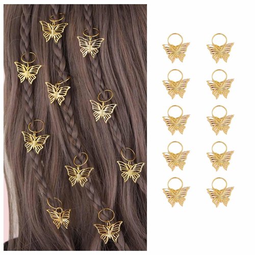 Iaceble Boho Gold Butterfly Hair Clip Dreadlock Braid Rings Dreadlock Hair Rings Clips Butterfly Braids Hair Hoops Hair Decoration Hip Hop Hair Rings Accessories Headdress 10 Pcs