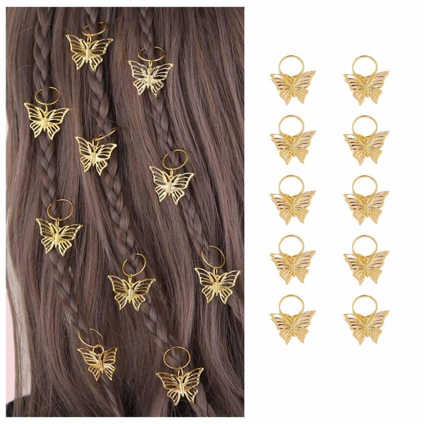 Iaceble Boho Gold Butterfly Hair Clip Dreadlock Braid Rings Dreadlock Hair Rings Clips Butterfly Braids Hair Hoops Hair Decoration Hip Hop Hair Rings Accessories Headdress 10 Pcs