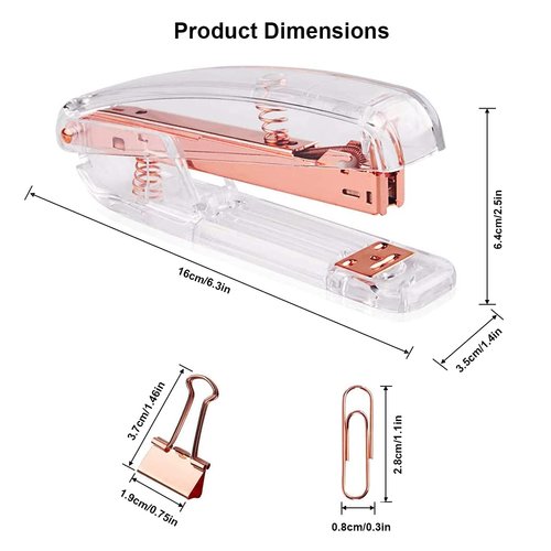 Acrylic Desktop Stapler with 1000 26/6 Staples, 6 Binder Clips & 50 Paper Clips, Desk Accessory Kit for Home Office School (Rose Gold)