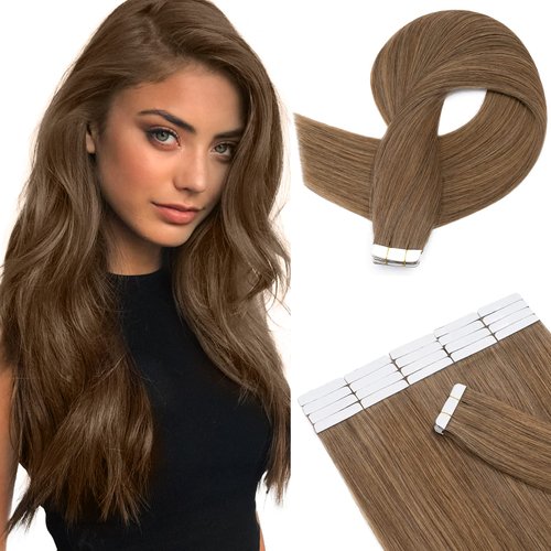 Hairro Tape In Real Human hair Extension Glue In Skin Weft Hair Extensions Rooted Tape in Hair Seamless Invisible Double Sided Tape Human Hair Extensions For Women 20 inch 30g 20pcs #06 Light Brown
