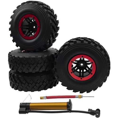 HIRCQOO 2.2" Rubber Tires Inflatable OD128mm & 12mm Hex Hub Plastic Beadlock Wheel Rims Super Grip Tyers Compatible with 1/10 Axial Tamiya Redcat RC Crawlers Truck (Red)