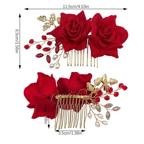 2 Pcs Rose Flower Wedding Hair Comb Crystal Pearl Bridal Headpiece Gold Leaf Red Flower Side Comb Hair Accessories for Women