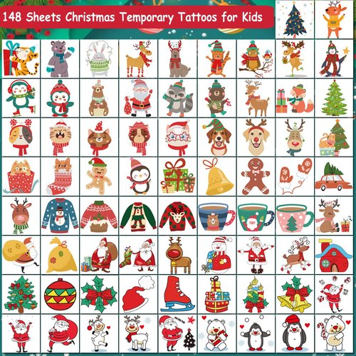 CHARLENT 148 PCS Christmas Temporary Tattoos for Kids - Xmas Individual Tattoos for Kids Christmas Party Favors, Stocking Stuffer, Christmas Eve Gift
