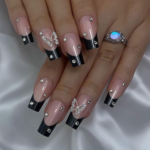 Gufonkod Black Press on Nails Medium Coffin French Tip Fake False Nails with Glue on Nails Butterfly Rhinestone Design Acrylic Nails Press ons Artificial Stick on Nails for Kids Women Girls 24PCS