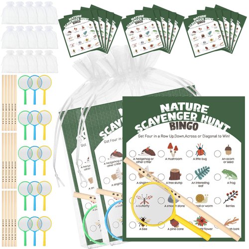 HyDren 15 Set Nature Scavenger Hunt Bingo Cards with Magnifying Glass Pencils Bags Spring Activity Outdoor Games for Family Camping Games Nature Exploration Outdoor Activities Science Party Favors
