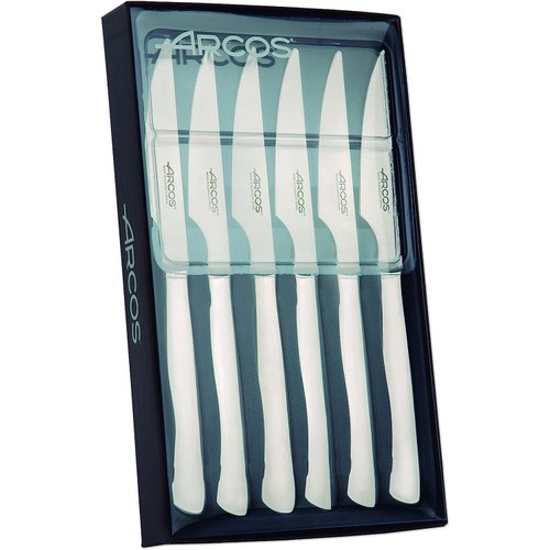 ARCOS Non Serrated Steak Knife Set of 6. 4 Inch Knives with Smooth Edge for Cutting and Fillet Meat. Monoblock Stainless Steel Blade and Handle. Series Mesa. Silver Color