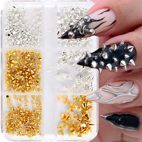 SILPECWEE 2 Boxes Punk Cone Spike Nail Studs 3D Goth Nail Charms Jewels Gold Silver Black Alloy Nail Rivets Beads Tiny Stick Nail Art Decoration for Nails Crafts Supplies