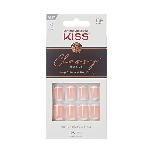 KISS Classy Press On Nails, Simple Enough', Nude, Short Size, Squoval Shape, Includes 28 Fake Nails, 2g Pink Gel Nail Glue, Manicure Stick, Mini file