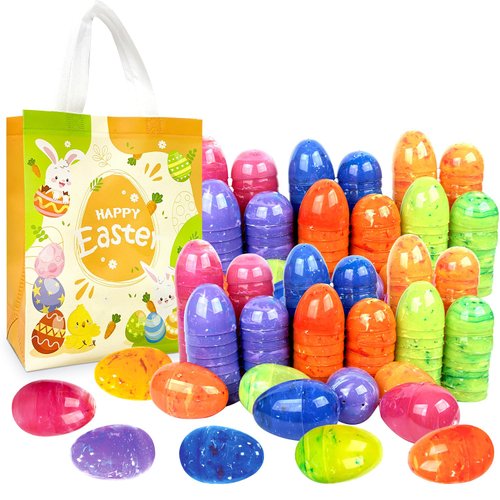 72Pcs 2.36'' Tall Painted Iridescent Marble-like Easter Eggs for Kids Egg Hunt Basket Bag Empty Stuffers Fillers with 1pc Cute Non Woven Bags, Toys Filling Treats and Easter Theme Party Supplies Favor