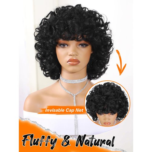 WIGNEE Short Curly Wig with Bangs for Black Woman Fluffy Loose Curly Afro Wig Natural Luster Short Wigs for African American Women Daily Party Use(Black)