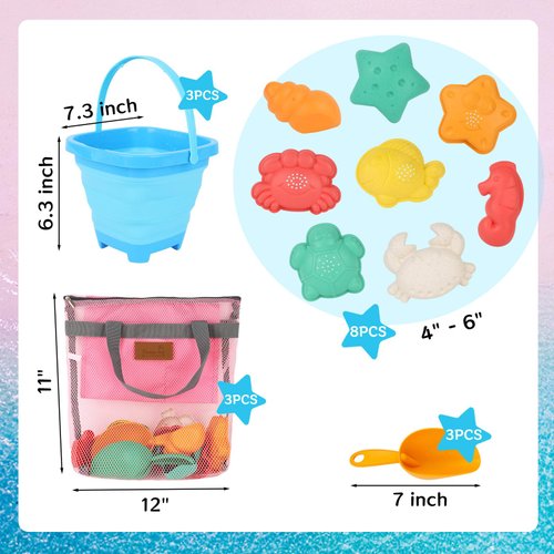 FUTUREPLUSX 17PCS Collapsible Beach Sand Toys, Foldable Sand Bucket Shell Collecting Bags Sand Molds for Kids Outdoor Summer Beach Party