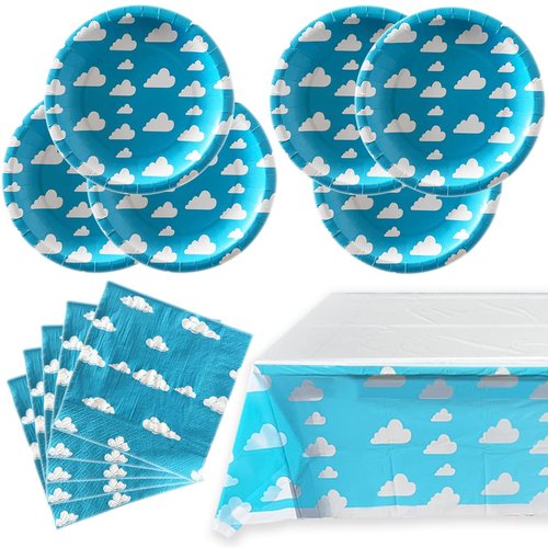 Blue Sky White Clouds Birthday Party Supplies, 20 Plates and 20 Napkins and Tablecloth71 '' x 42.5 '', Blue Sky Cartoon Theme Birthday Party Decorations for Baby Kids Shower