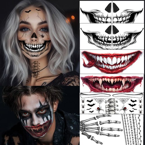 8Pcs Skeleton Face Tattoo Halloween Accessories，Halloween Tattoos Ghost Face Temporary Tattoo,Halloween Make Up Halloween Face Tattoos Stickers Zombie Makeup Kit (B-skeleton+zombie face tattoo)