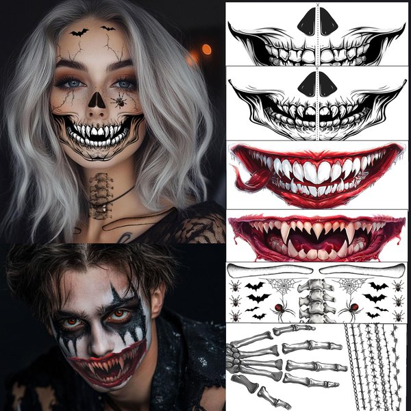 8Pcs Skeleton Face Tattoo Halloween Accessories，Halloween Tattoos Ghost Face Temporary Tattoo,Halloween Make Up Halloween Face Tattoos Stickers Zombie Makeup Kit (B-skeleton+zombie face tattoo)
