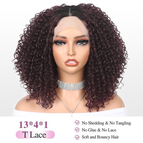 WIGER 15 inch Short Bob Lace Front Wigs Middle Part Wigs Curly T Part Wigs Ombre Afro Kinky Curly Wigs Synthetic Curly Wig For Black Women(1B/99J)