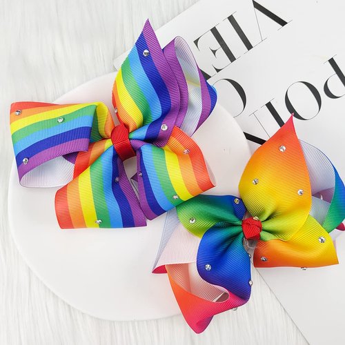 Pride Day Rainbow Bow Hair Clip with Rhinestone Grosgrain Ribbon Bows HairClips Pride Headpiece Hair Pins Holiday Hair Accessories Headband for Women Girls Kids 2Pcs