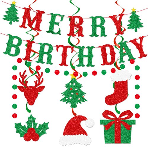 Merry Birthday Banner, Red & Green Glittery Christmas Birthday Banner Christmas Happy Birthday Banner for Christmas Birthday Party Decorations, Christmas Holiday Party Decorations, Xmas Birthday Decor