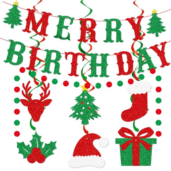 Merry Birthday Banner, Red & Green Glittery Christmas Birthday Banner Christmas Happy Birthday Banner for Christmas Birthday Party Decorations, Christmas Holiday Party Decorations, Xmas Birthday Decor