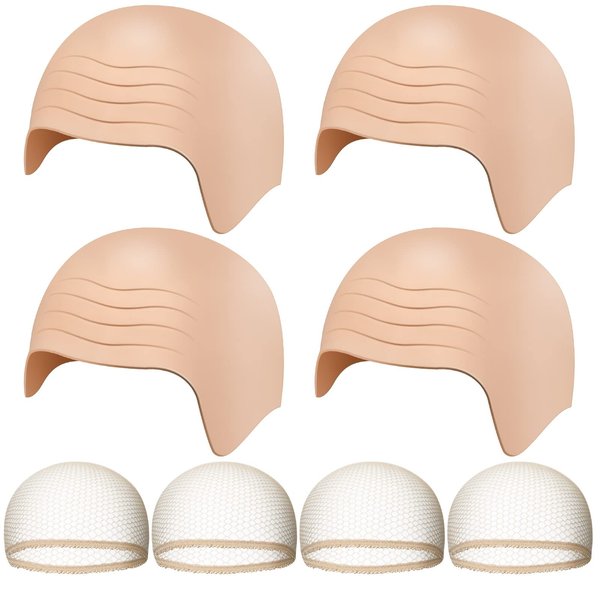 8 Pcs Halloween Bald Head Cap Party Costume Include 4 Makeup Latex Bald Caps and 4 Hair Wig Caps for Adults Kids Women Men (Universal)