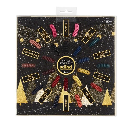Festive Spiral Hair Tie Elastic Fashion Gift Box Contains 20 No-Stress, No-Damage Ponytail Bands in Pink, Coral, Green, Sage, Navy, Berry, Black, Blue, Gold, Red in Acrylic Presentation Box