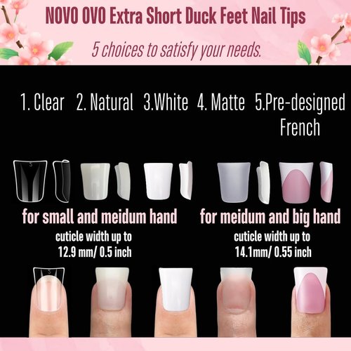 NOVO OVO Extra Short Duck Feet Full Cover Nail Tips for Small and Medium Hand, Press On Acrylic Clear Flare Y2K Full Coverage Thick French Soft Gel Fake False Nail Extension x 12 Sizes 120 pcs