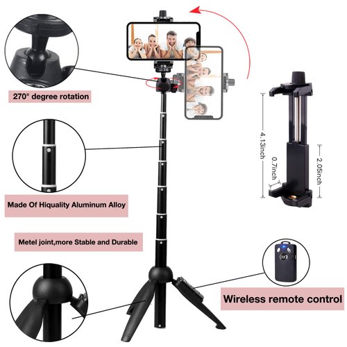 bluehorn Selfie Stick Portable 40 Inch Aluminum Alloy Selfie Stick Phone Tripod with Wireless Remote Shutter Compatible with All Cell Phones for Selfie/Video Recording/Photo/Live Stream/Vlog