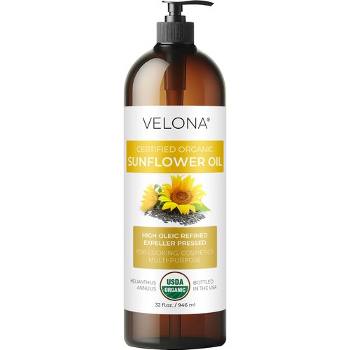 velona USDA Certified Organic Sunflower Oil - 32 fl oz | 100% Pure and Natural Carrier Oil | High Oleic, Refined, Expeller Pressed | Cooking, Skin, Hair, Body & Face Moisturizing