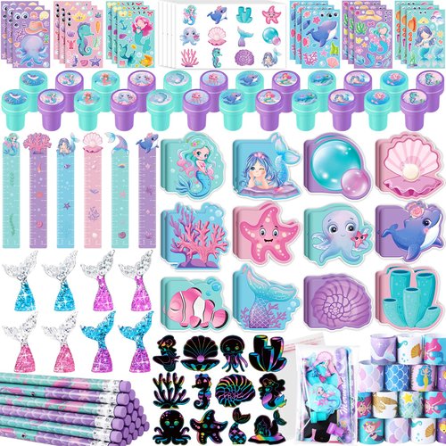 BenLouis 240Pcs Mermaid Party Favors Little Mermaid Pencils Stickers School Stationery Bulk for Kids Mermaid Birthday Decor Baby Shower Candy Goodie Bag Stuffer Classroom Rewards Pinata Supplies
