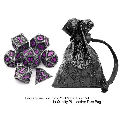 Haxtec Metal DND Dice Set Black Purple Dragon Pattern D&D Dice Set with Leather Dice Bag Metal Polyhedral Dice for Dungeons and Dragons TTRPG Gifts
