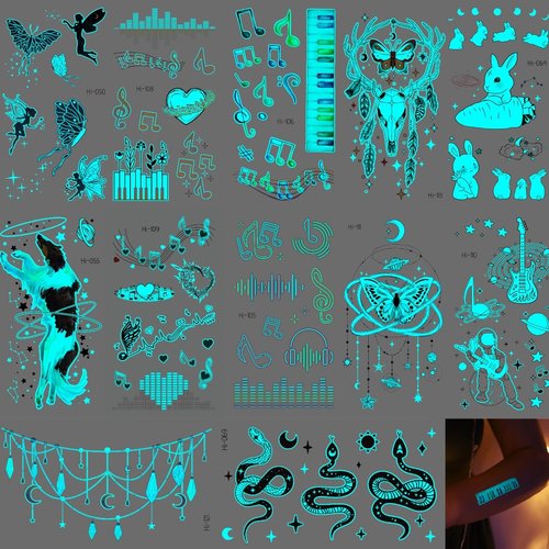 Blue Glow In The Dark Temporary Tattoos For Women Girls,12 Sheet Glow Theme Party Tattoos Stickers with Luminous for Adults Kids Glow In The Dark Party Makeup Party Favors (Mystic Dreamscapes)