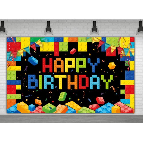CHXSM 6 X 3.6ft Colorful Building Blocks Happy Birthday Banner Backdrop Party Supplies Decoration Brick Photography Background Kids Decor