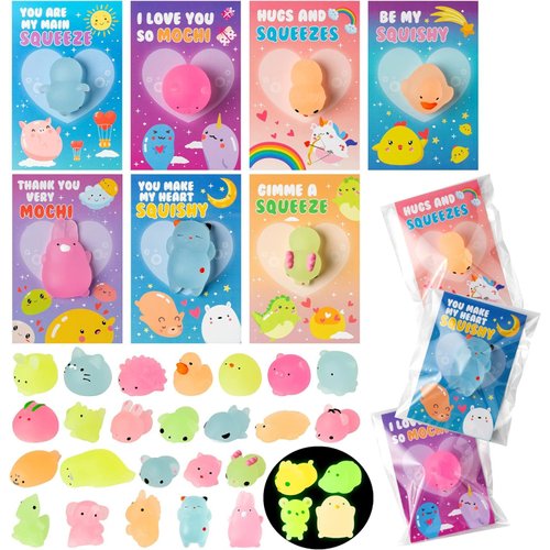 Haooryx Valentine's Day Cards with Mochi Toys Glow in The Dark Squeeze Mochi Toys Mini Kawaii Animals Stress Relief Anxiety Toys for Kids Valentine Party Favors Classroom Gift Exchange School Prize