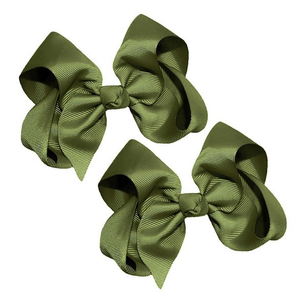 WD2U Girls Set of Two 4" Solid Grosgrain Pigtail Hair Bows Alligator Clips Olive Green