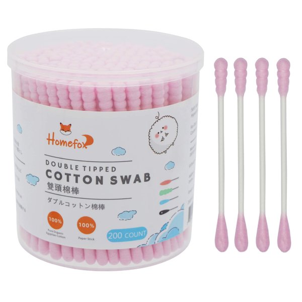 HOMEFOX Pink Cotton Swabs Spiral - 200 Count Organic Cotton Buds Double Side Tightly Wrapped Cotton Tips Paper Stick Soft Gentle Lint-Free Cruelty-Free, Round & Spiral (Pink)