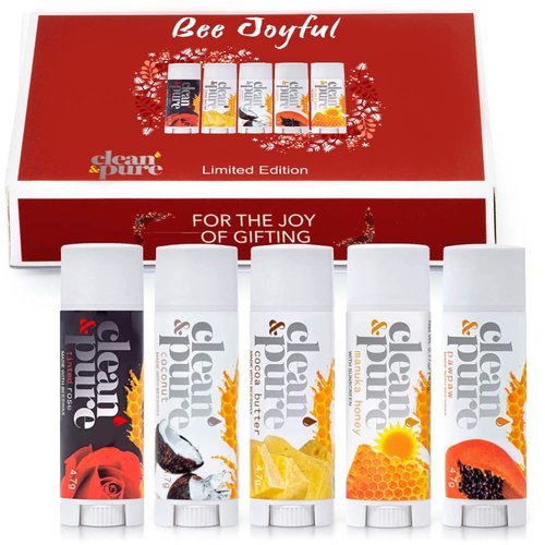 Clean & Pure Australian-Made Moisturizing Lip Balms 100% Natural (Bee Joyful, 5-Pack) and Vitamin E Oil | Flavored Lip Balm for Dry, Chapped Lips | Made in Australia