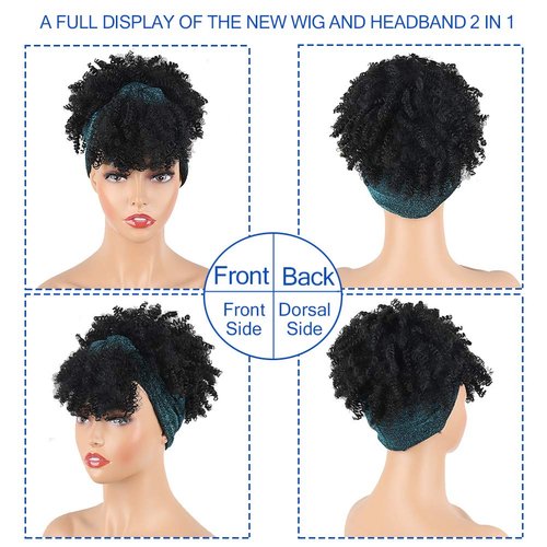 Aisaide Headband Wigs for Black Women Scarf Wigs Black Wig with Bangs Wig Turban Natural Wig Headbands Wigs for Black Women Kinky Curly Hair Wigs Short Black Wigs with Bangs Head Wrap Wigs 2 in 1