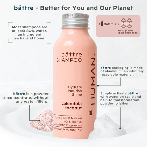 BHUMAN bättre Dry Shampoo Powder for Women and Men, Water-Activated Natural Dry Shampoo with Coconut, Cruelty-free Vegan Dry Shampoo, Sustainable Hair Cleanser, Up to 50 Washes, Calendula Coconut