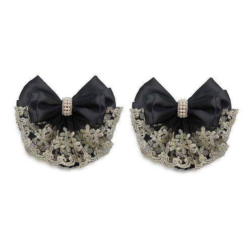 2Pcs Lady Women Bowknot Hair Bun Cover Snood Net Barrette Hair Clip with Fan-shaped Lace Pearl Ha...