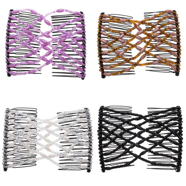 LOVEF Women Magic Hair Comb Bead Stretchy Hair Combs Double Slide Metal multifunctional Comb Clip Hairpins For women-4pcs