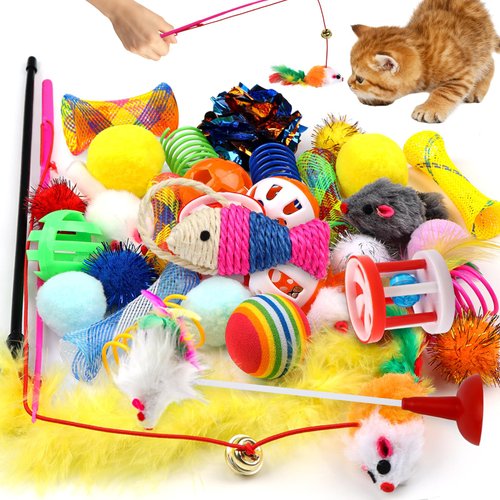 QUOZUO Cat Toys Kitten Toys Assortments, 32 Packs Interactive Cat Toy Variety Pack for Kitty, Cat Wand Toy, Cat Crinkle Balls Bell Balls with Bells, Cat Spring Toy, Catnip Toys for Indoor Cats Kitten